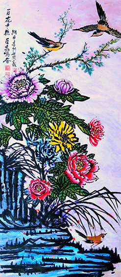 周宣成作品《百花争艳 百鸟鸣春》